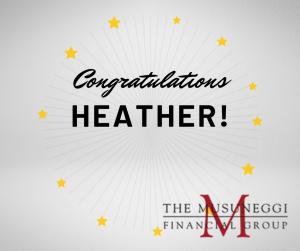 starburst graphic with wording Congratulations Heather! The Musungeggi Financial Group