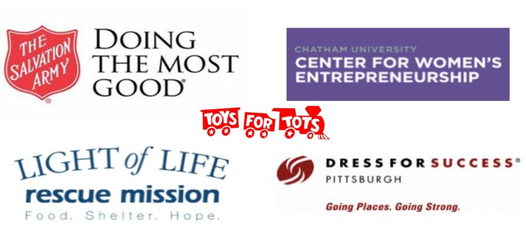 Image with logos of The Salvation Army, Chatham University Center for Women’s Entrepreneurship, Toys for Tots, Light of Life rescue mission, Dress for Success Pittsburgh